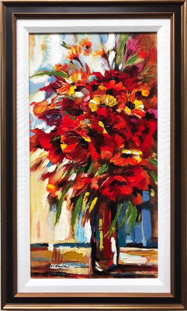 Michael Milkin "Red Bouquet" Framed Hand Signed Israeli Art Contemporary New
