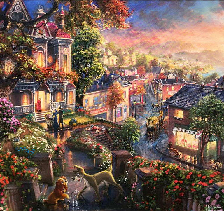 Thumbnail: Thomas Kinkade "Lady and the Tramp" New Custom FRAMED Art Print