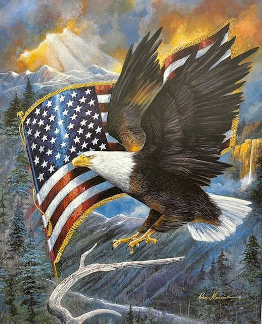 Thumbnail: Ruane Maning "America's Pride" FRAMED Wildlife Art Eagle Soaring USA Flag  NEW!