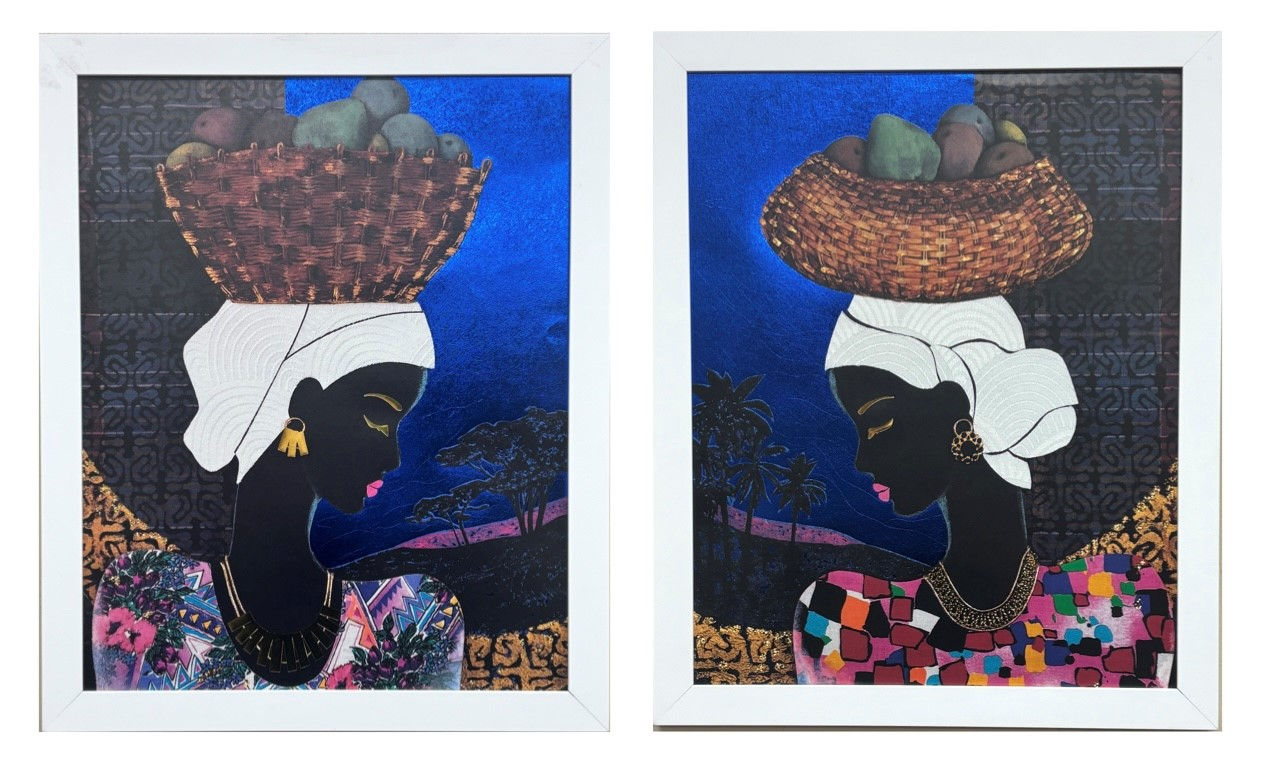 African Foil Art "Malawi Fruit Carrier I & II" PAIR of Custom FRAMED Black Art