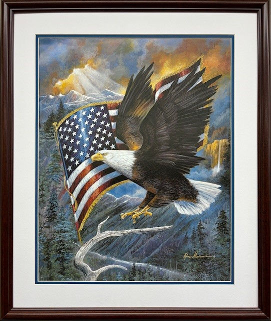 Ruane Maning "America's Pride" FRAMED Wildlife Art Eagle Soaring USA Flag NEW!