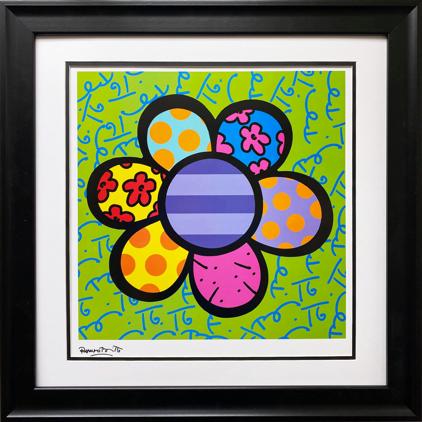 Romero Britto "Flower Power IV (Green)" Newly Custom FRAMED ART PRINT