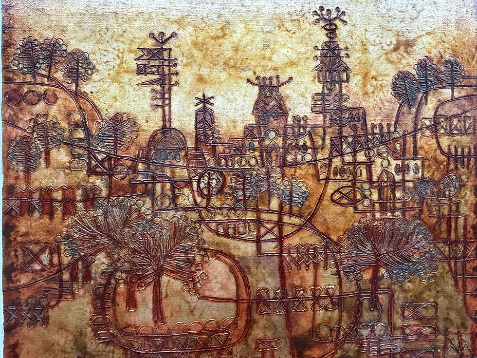 Thumbnail: Heshi Yu "Golden Light" Oil on Canvas Cityscape Framed Mid-Century Vintage Art