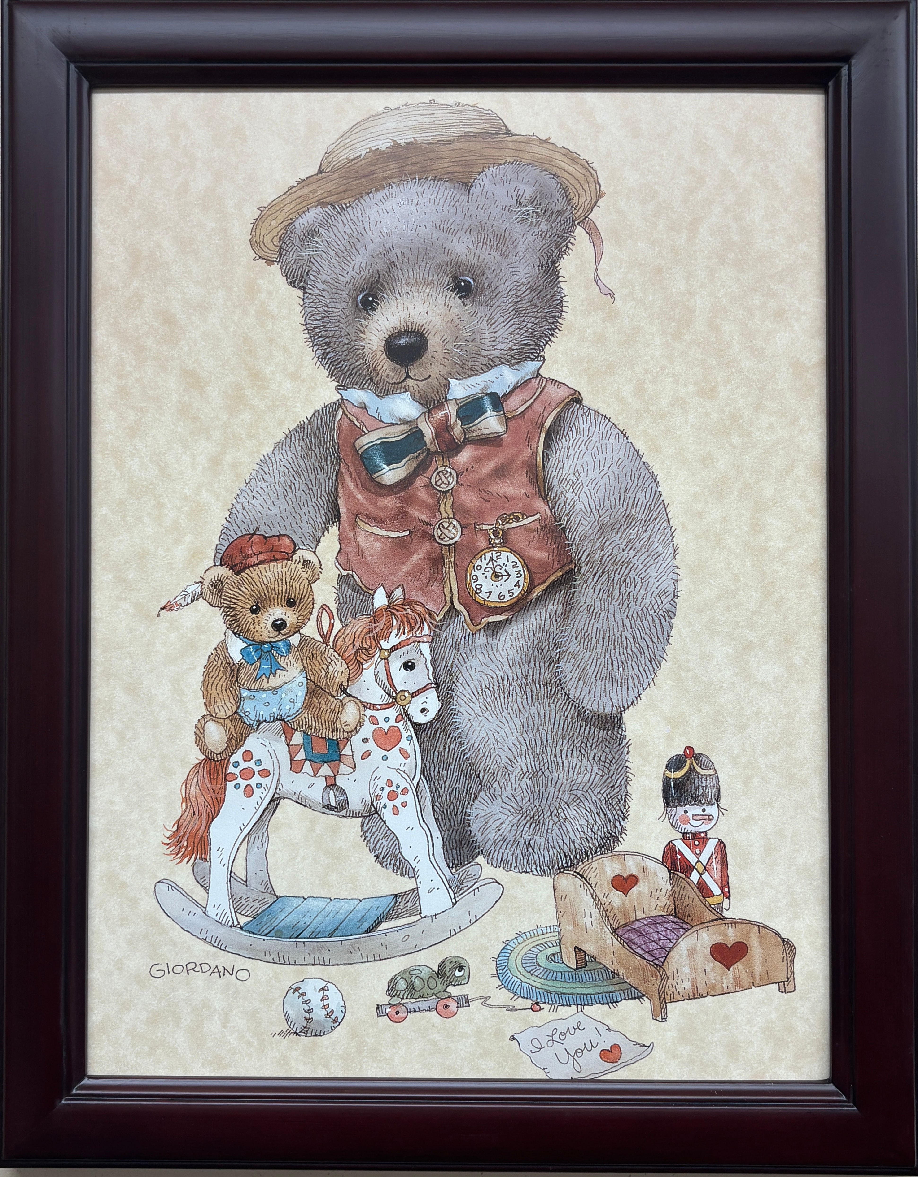 Giordano "Teddy Bear and Rocking Horse" Framed Nostalgic Art NEW