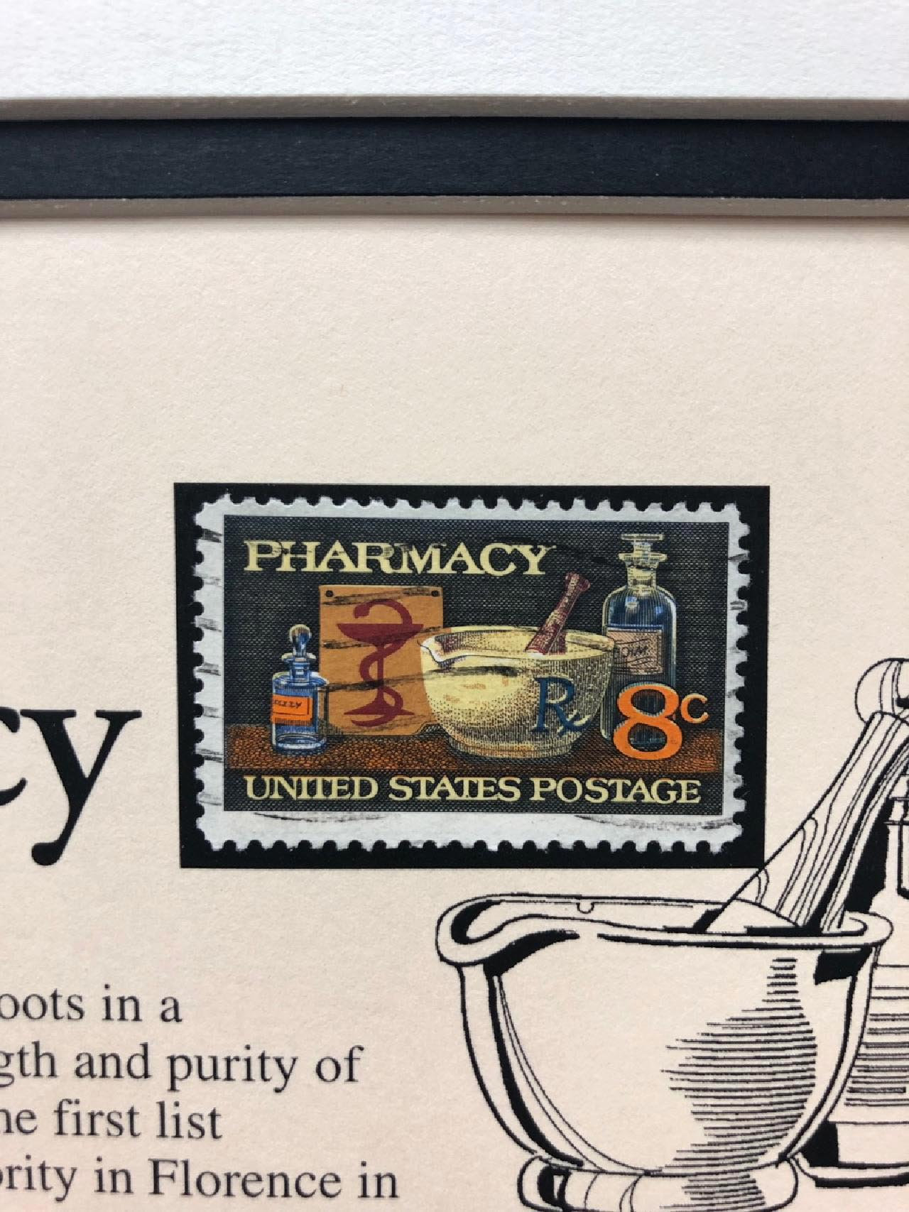 Stamps "Pharmacy" Framed Stamp Art marlinartauction
