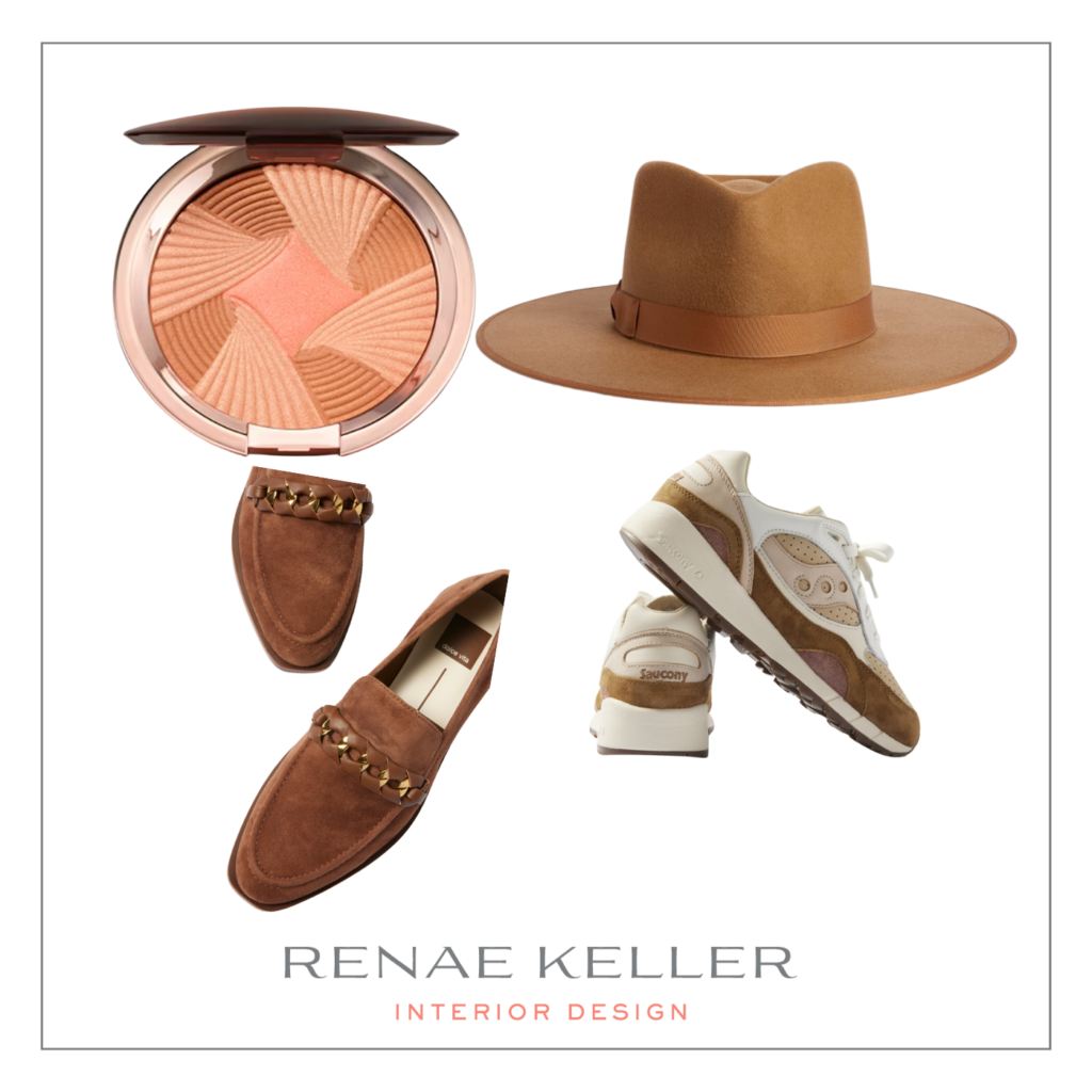 Brown hat, suede loafers, and sneakers with a pink compact. Text: "Renae Keller Interior Design" below. Neutral tones.