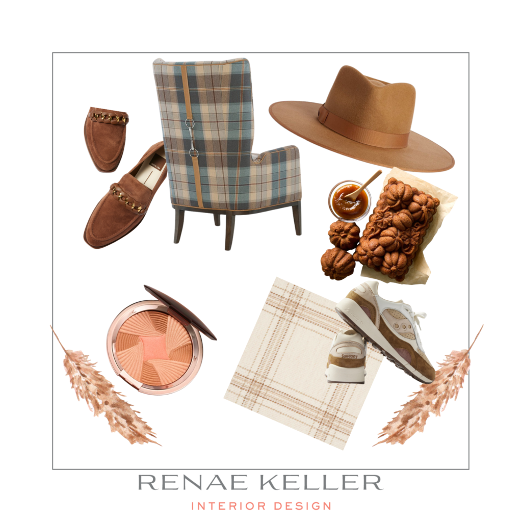 Plaid chair, brown loafers, felt hat, sneakers, waffles, makeup, and plaid fabric in a design collage. Text: Renae Keller Interior Design.