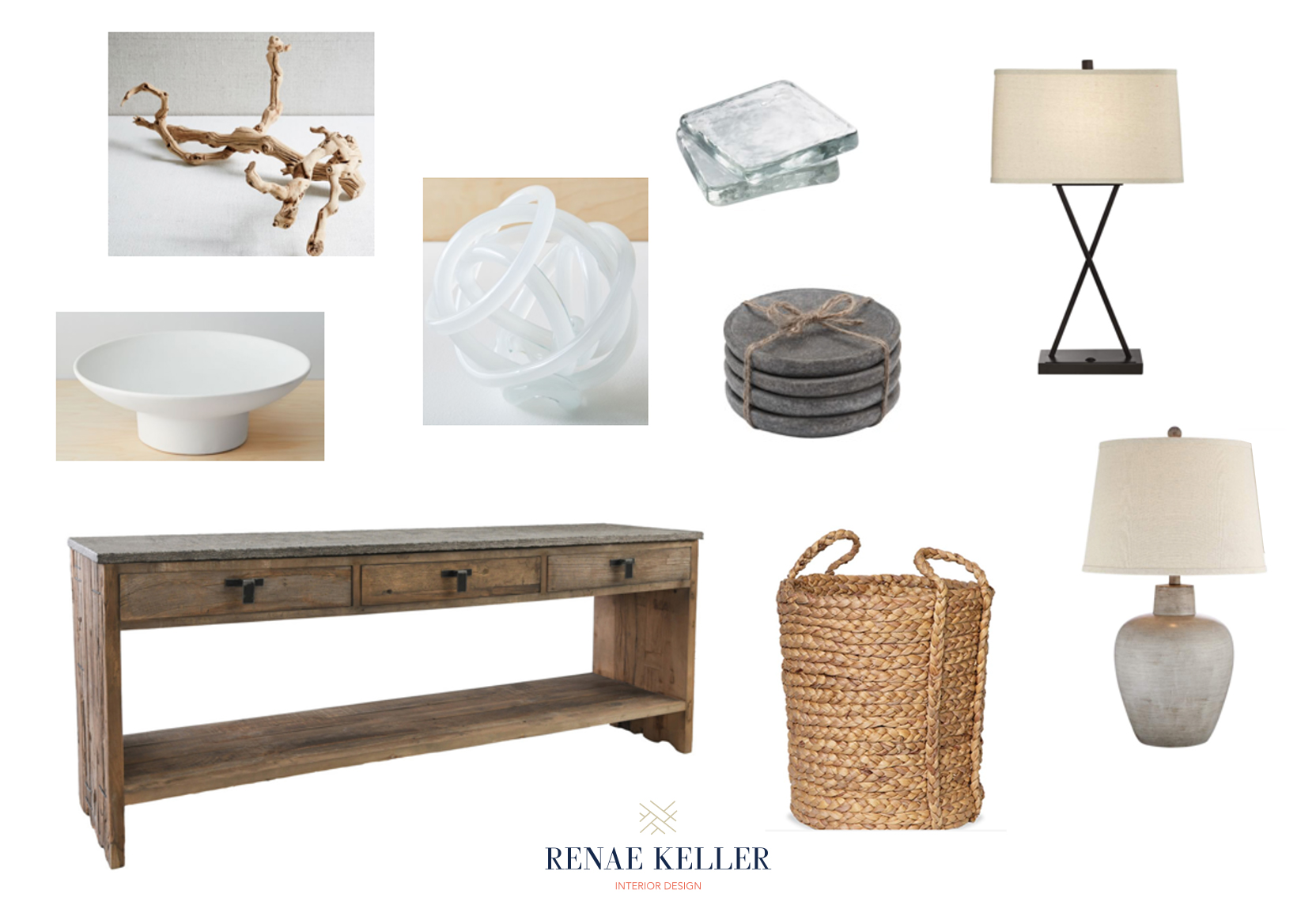 Wooden console table with decor: driftwood, white bowl, glass orb, coasters, basket, lamps. Renae Keller Interior Design logo.