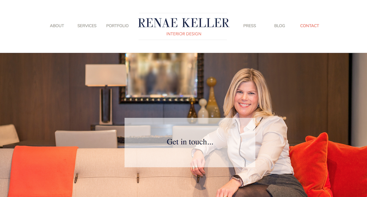 New homepage of RKID website, showing a smiling Renae Keller in an elegant room with modern decor. "RENAE KELLER INTERIOR DESIGN" header and "Get in touch..." text overlaid.