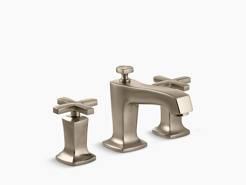 Brushed nickel bathroom faucet set with a central spout and dual cross-handle controls on a plain white background.