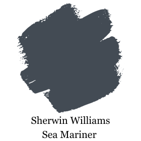 Dark blue paint swatch with text "Sherwin Williams Sea Mariner" below. The brushstroke texture suggests a rich, nautical mood.
