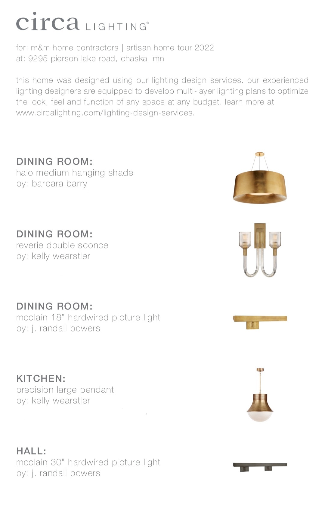 Circa Lighting catalog page showing gold and brass light fixtures for dining, kitchen, and hall. Text details location and designer names.