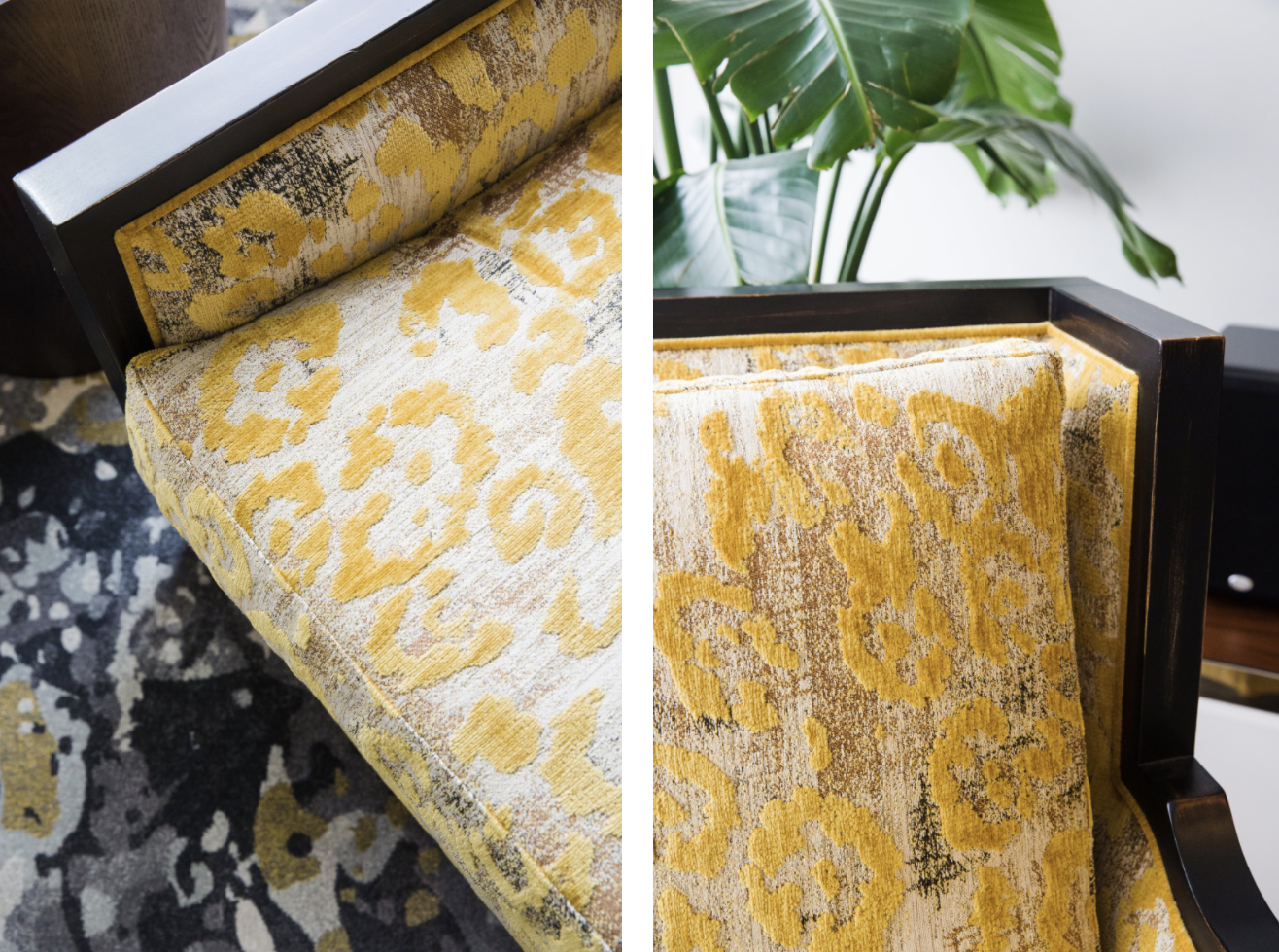 Yellow patterned upholstery on a wooden chair with leafy green plant in the background. Rug with abstract design visible below.