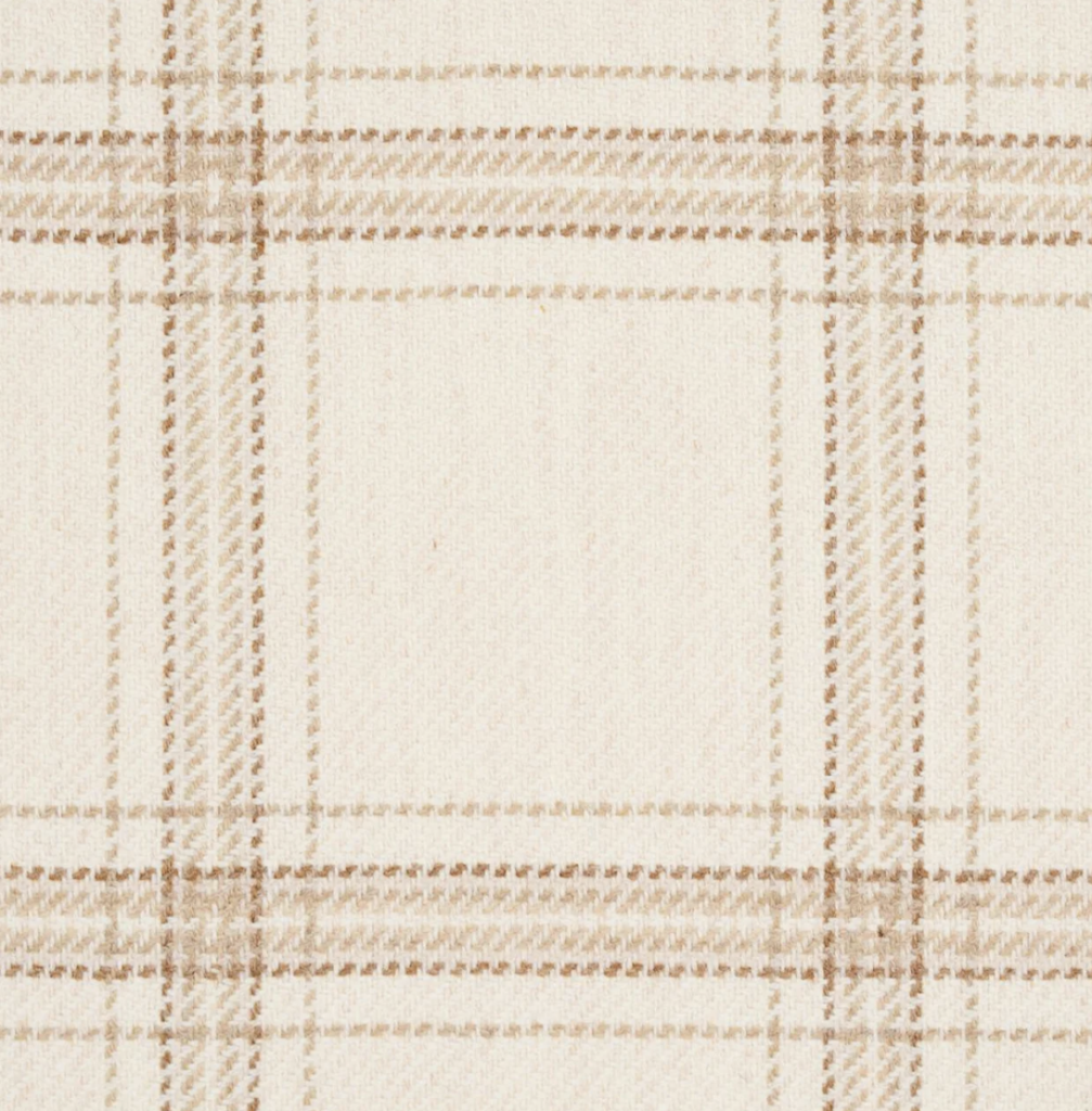 Beige and white plaid pattern with crisscrossing lines. A soft, textured fabric surface gives off a cozy, rustic feel.