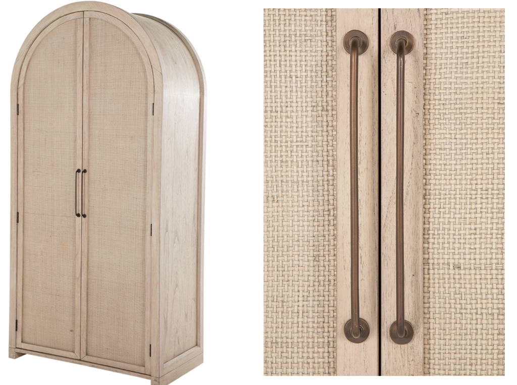Beige arched wardrobe with woven texture, close-up of metal handles. Rustic and elegant, no text visible.