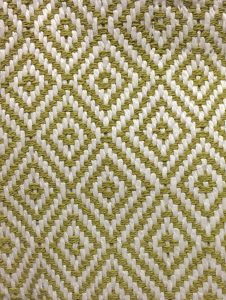 Green and white diamond pattern fabric with a textured, woven appearance, creating a symmetrical, geometric design.
