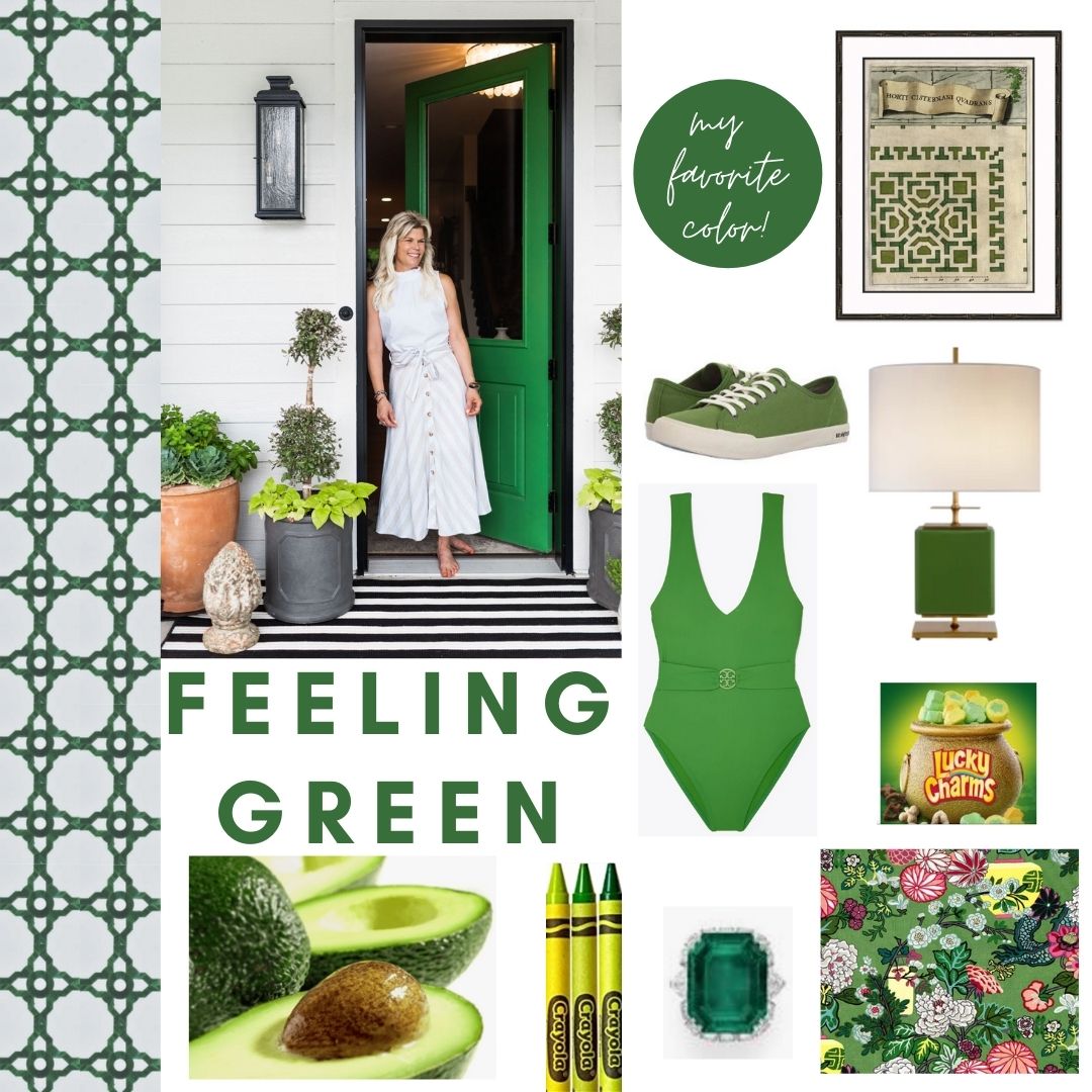Collage with green theme: woman in white by green door, sneakers, swimsuit, lamp, crayons, avocado, jewelry, patterned tiles. Text: Feeling Green.