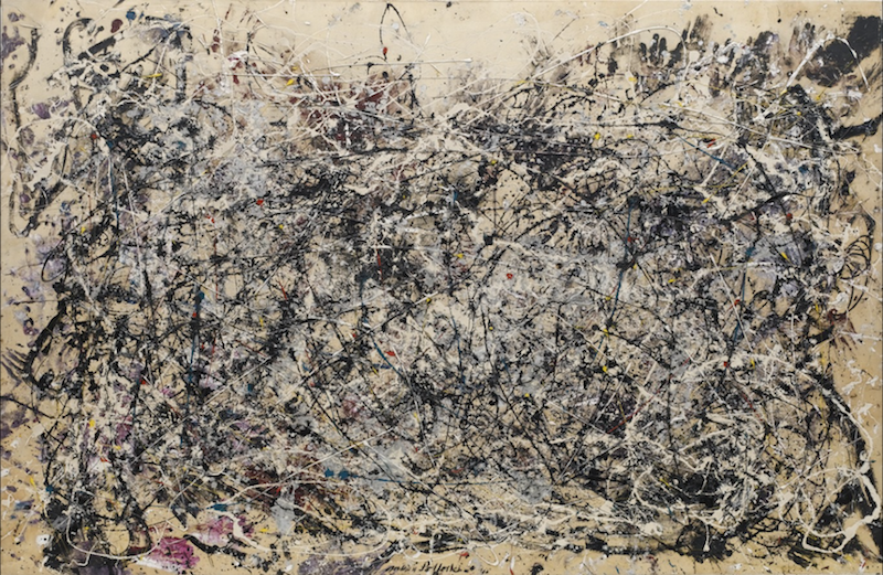 Abstract painting with chaotic black, white, and colored paint drips and splatters on a beige canvas, creating a dynamic, intense mood.
