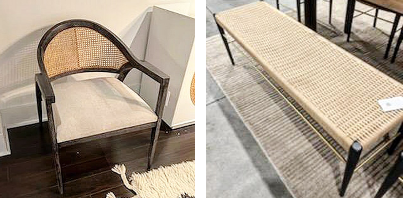 Two furniture pieces: a cane-back chair with a beige cushion on a dark floor, and a woven bench with dark legs on a gray rug.