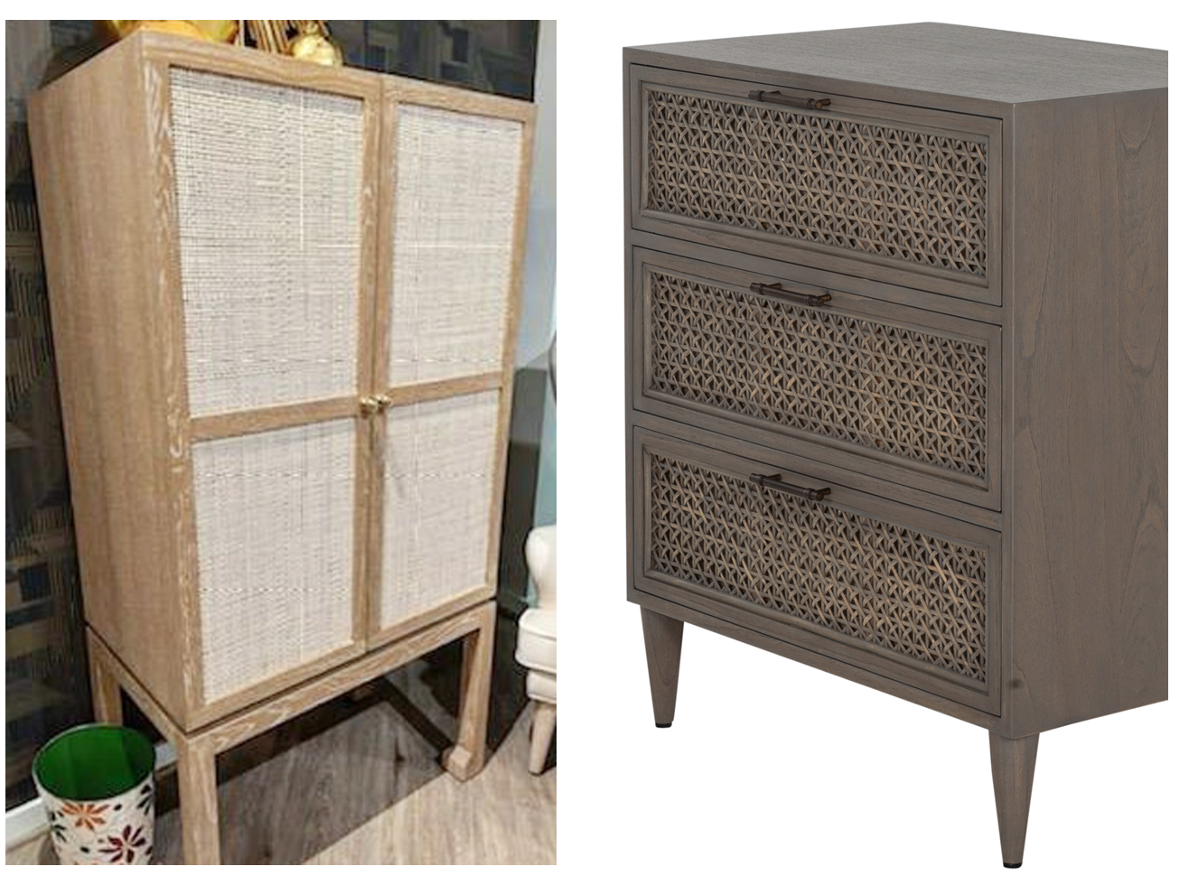 Wooden cabinet with wicker doors and a potted plant on left; 3-drawer dresser with woven fronts on right. Indoor setting, neutral tones.