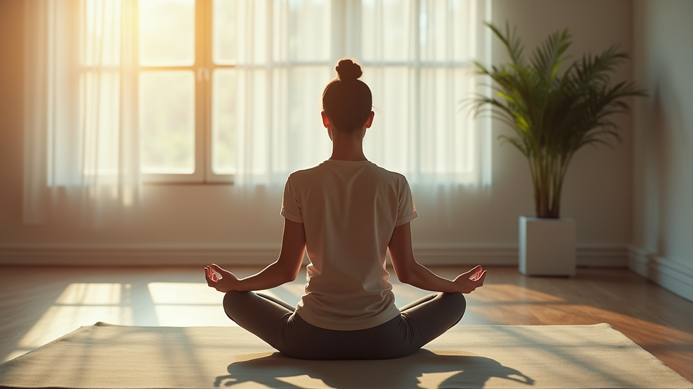 Vue de côté d'une personne assise en posture de méditation, pratiquant la respiration alternée