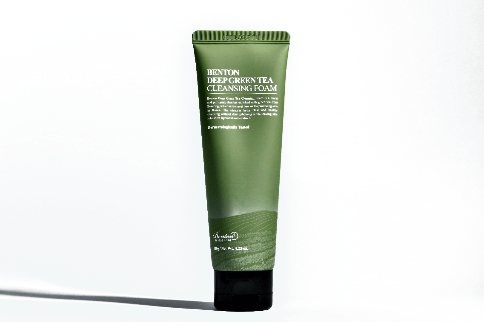 Full view of the Benton Deep Green Tea Cleansing Foam tube with green packaging and clean, simple branding
