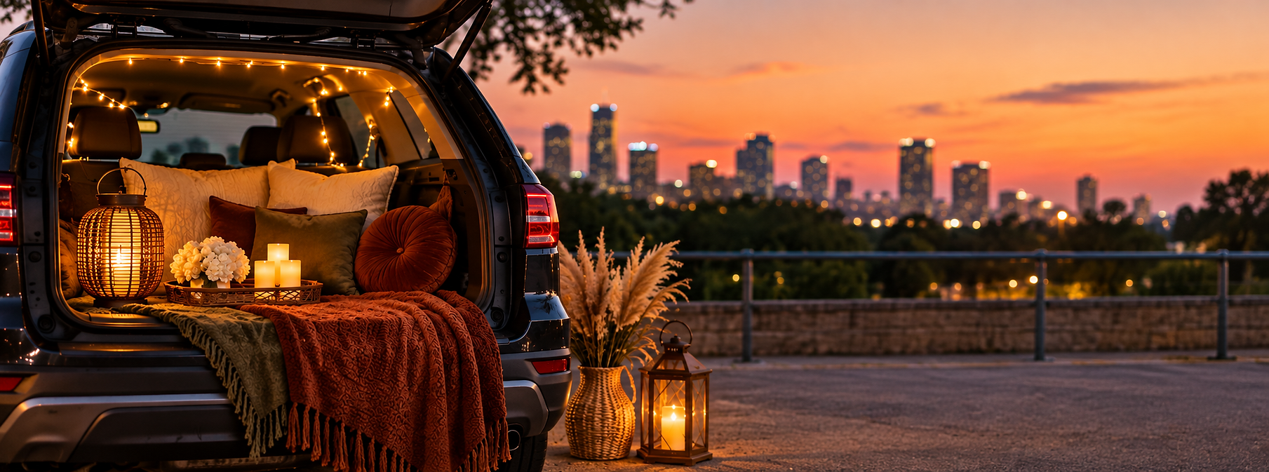 Luxury trunk experience in Charlotte, NC featuring a beautifully styled vehicle with cozy décor, pillows, warm lighting and an intimate setup for special occasions.