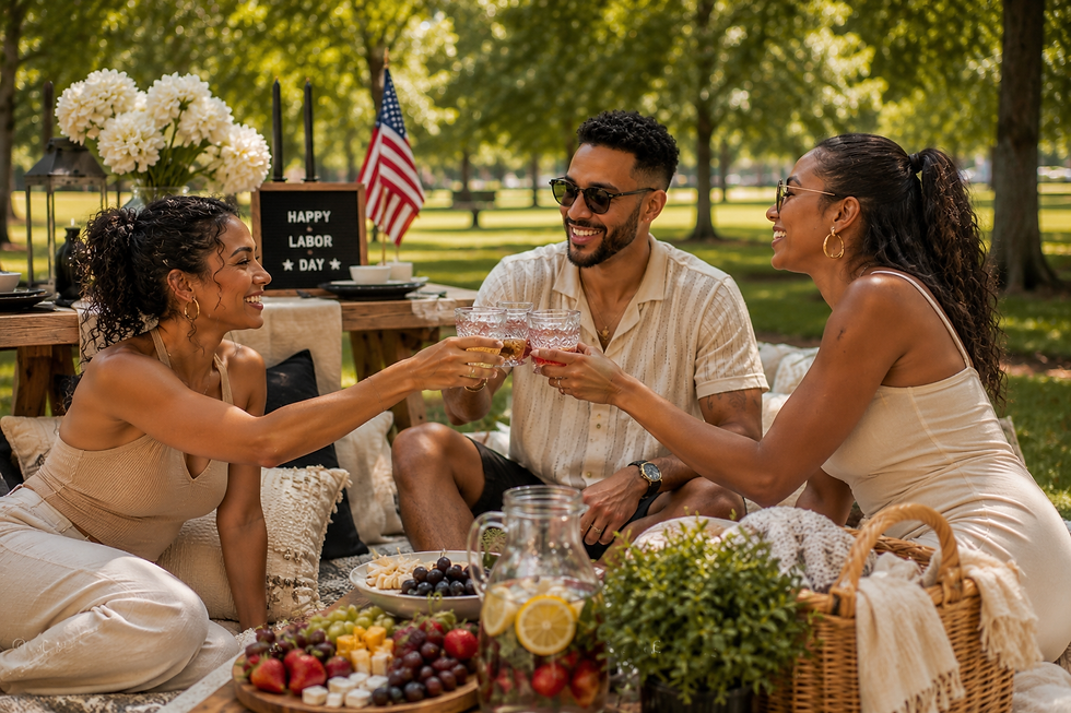Friends sharing food and conversation during an outdoor Labor Day picnic.