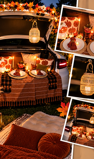 Autumn Afterglow is a fall luxury trunk experience by The Picnic Loft in Charlotte, NC. This cozy vehicle setup features layered autumn décor, warm lighting, seasonal accents and an intimate setting designed for date nights, birthdays, anniversaries and special celebrations.