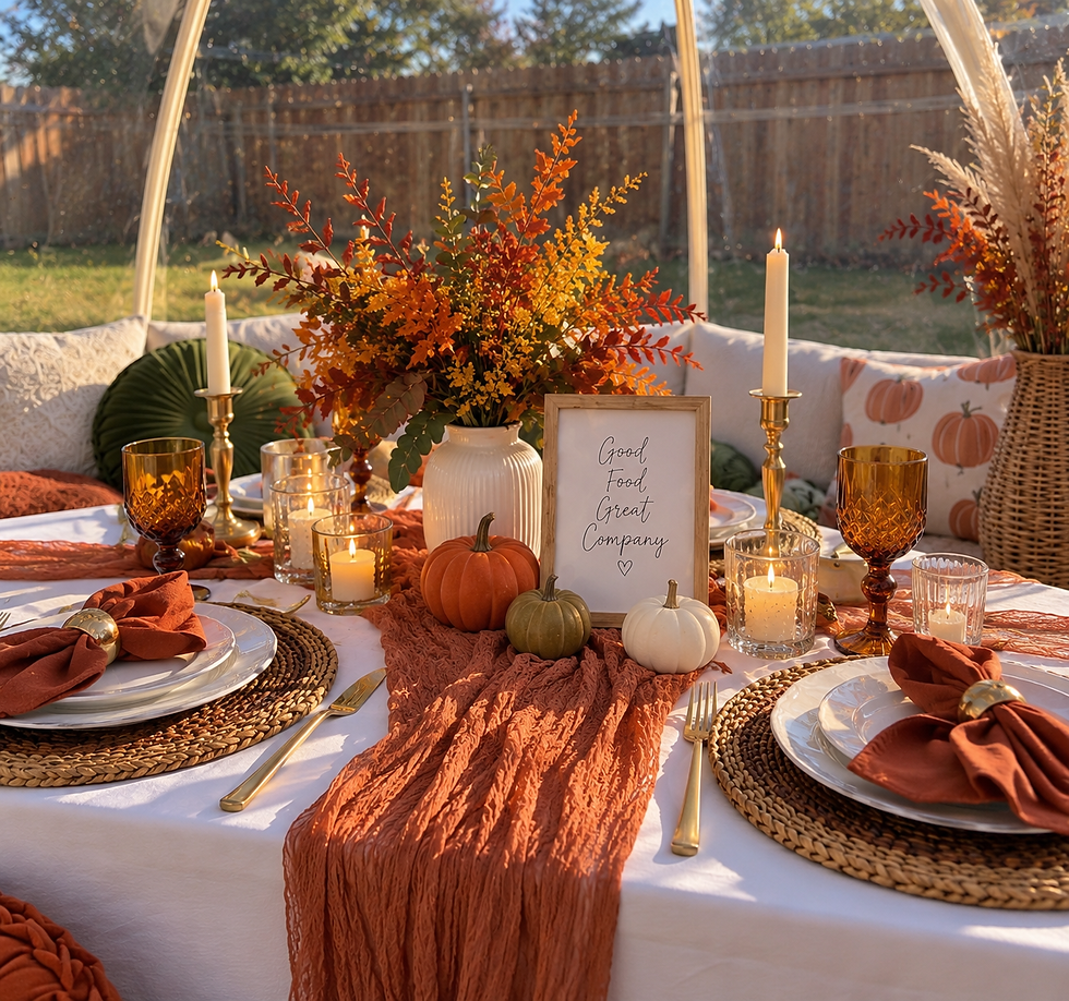 Close-up of a fall picnic table with amber goblets, gold accents, rust napkins, woven place settings, pumpkins, candles, and autumn flowers inside a clear dome.