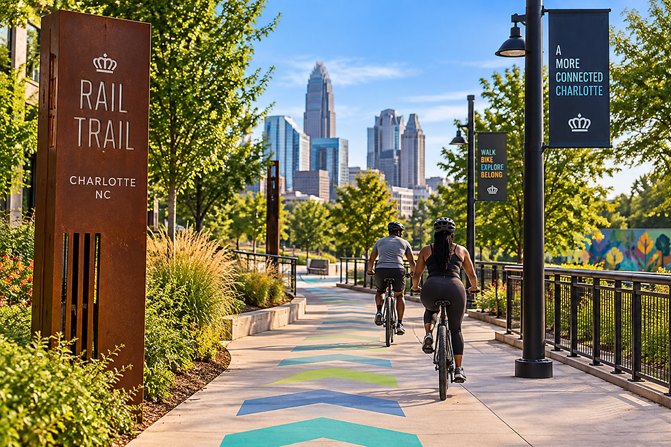 Cyclists riding along the Charlotte Rail Trail in Charlotte, NC with colorful arrows along the pathway and the Uptown skyline nearby.