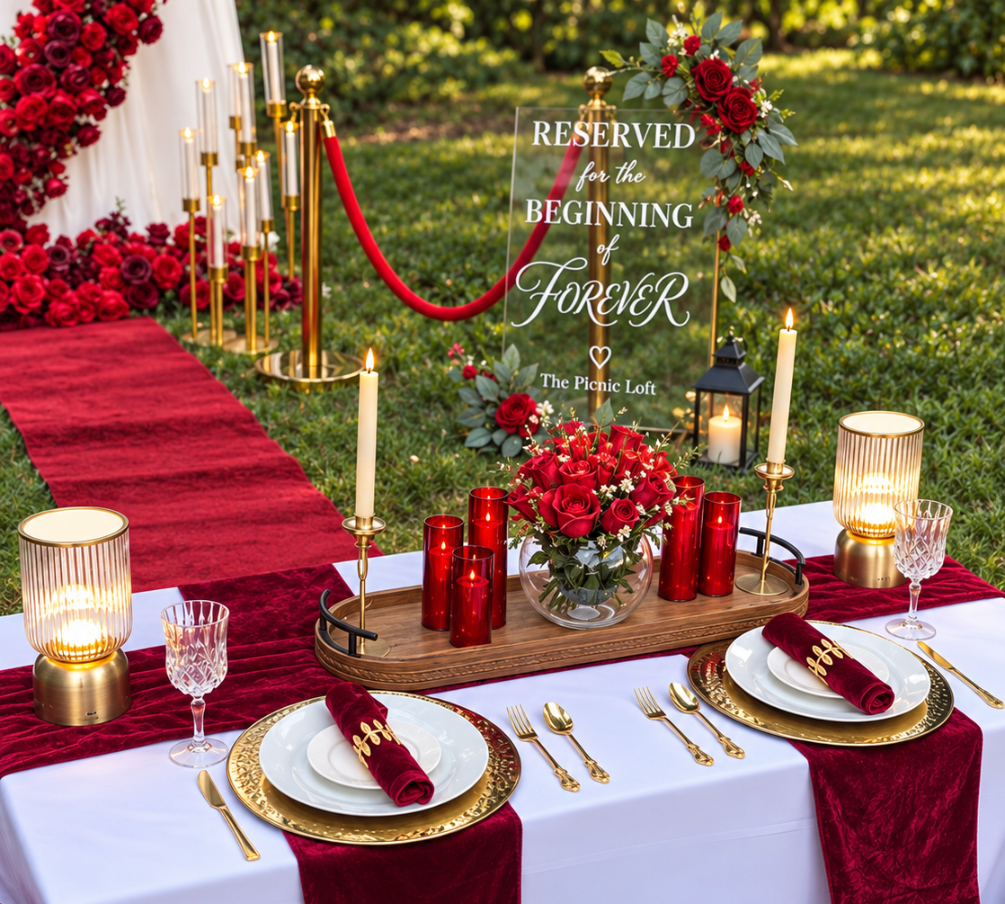 Luxury romantic picnic setup in Charlotte, NC by The Picnic Loft with red roses, candlelight, gold accents and elegant table settings.