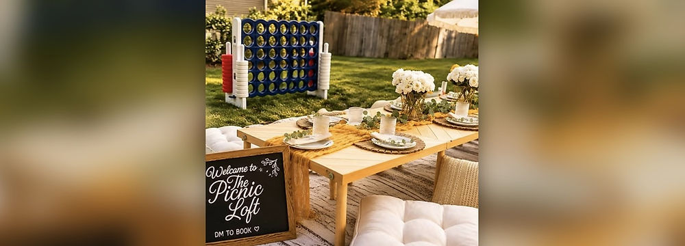 Field Day Picnic by The Picnic Loft in Charlotte, NC, with a giant Connect Four game, a low wooden table with mustard runner and white rose centerpieces, floor cushions, and a “Welcome to The Picnic Loft” chalkboard on a backyard lawn.