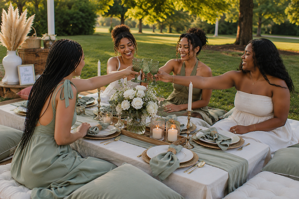 Friends enjoying a sage green luxury picnic experience with elegant table settings in Charlotte, NC