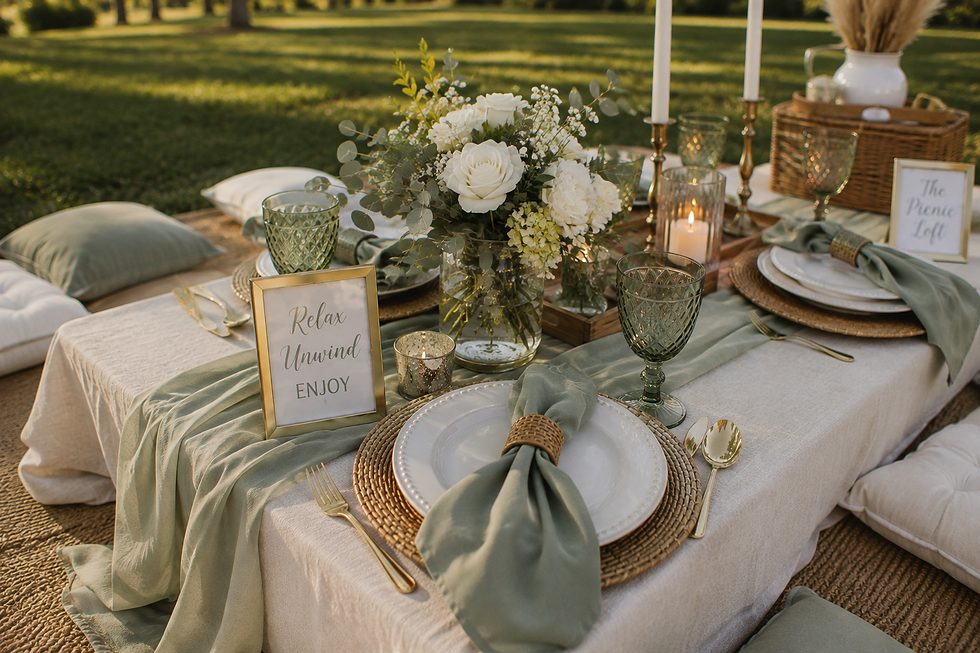 Close-up of a luxury picnic table with sage green linens, elegant place settings, candles and floral décor.