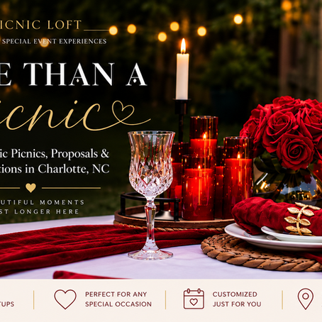 Luxury red and white romantic picnic setup by The Picnic Loft featuring roses, candlelight, elegant table settings and décor for romantic picnics, proposals and special celebrations in Charlotte, NC.