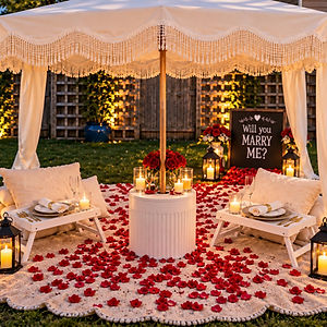The Romantic Proposal setup by The Picnic Loft in Charlotte, NC, with an ivory fringe canopy, red roses, rose petals on a cream rug, two tray tables, lanterns, and a "Will You Marry Me?" sign.