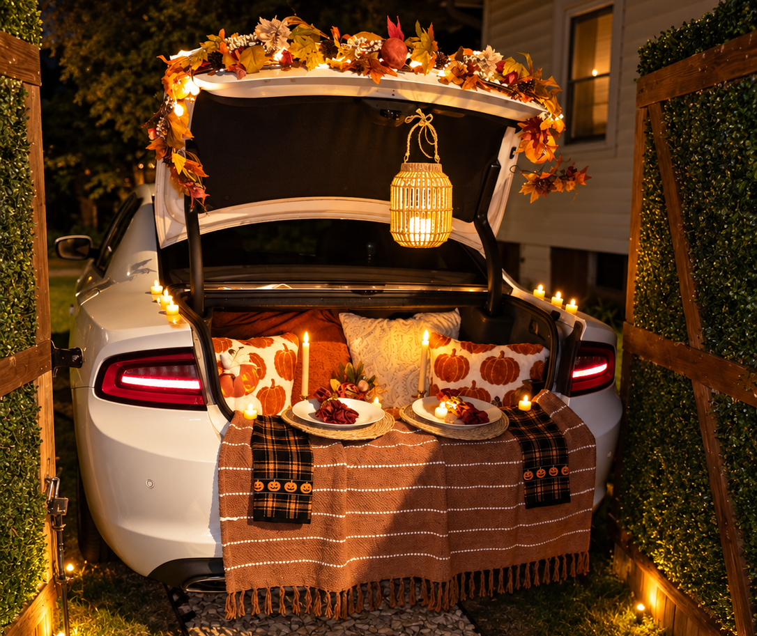 Fall luxury trunk experience in Charlotte, NC featuring a styled vehicle with autumn décor, cozy pillows, warm lighting, lanterns and seasonal accents.