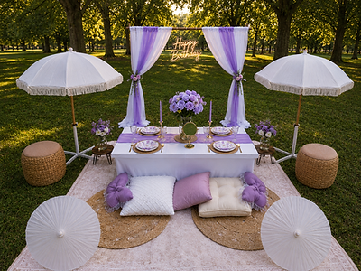 Luxe Birthday Picnic featuring elegant low-table seating, stylish birthday décor, and luxury picnic details by The Picnic Loft in Charlotte, NC