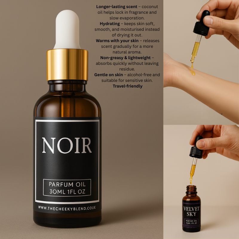 Thumbnail: amber glass bottle on a brown background with a list of benefits for the perfume oil