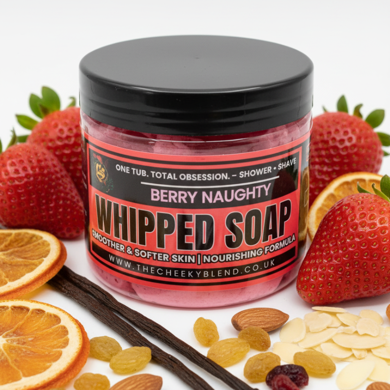 Thumbnail: Jar of strawberry whipped soap on a bed of strawberries and vanilla.