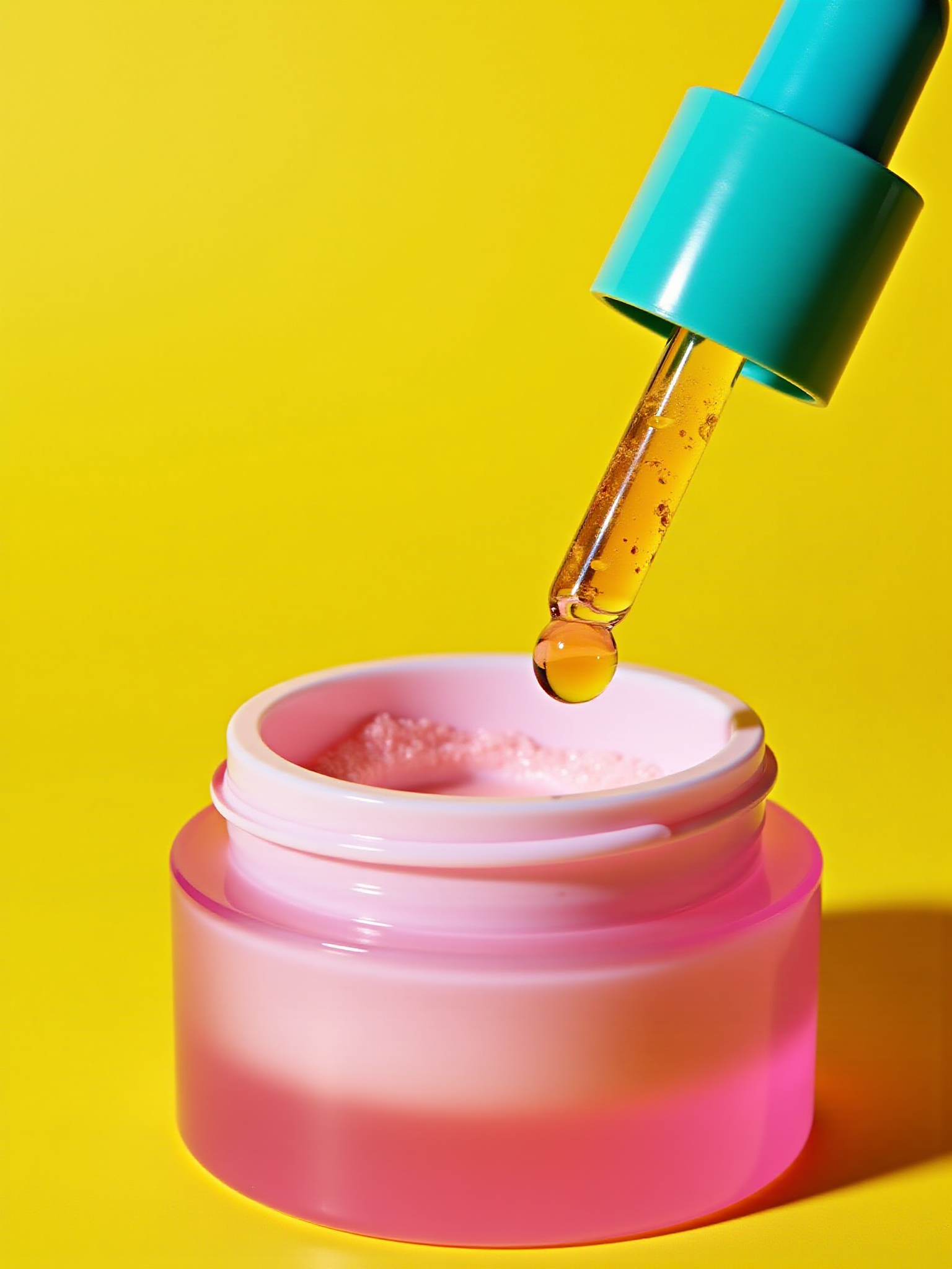 A blue dropper of oil being dripped into a pink pot of skincare, on a yellow background