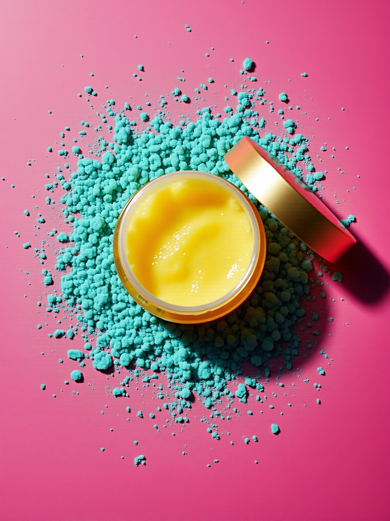A jar of thick skincare product. Lying on a bed of blue crumble on a pink background.