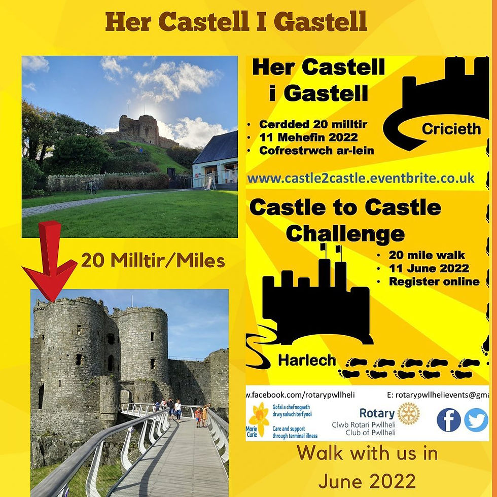Castle Challenge poster with two castle images, text detailing a 20-mile walk on June 11, 2022. Yellow background with event info.