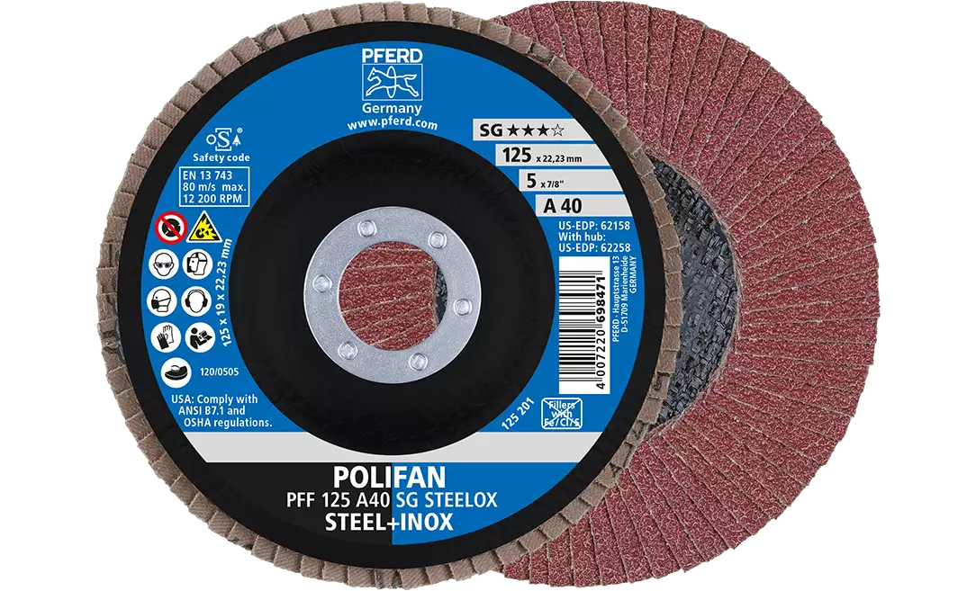 [PFERD] 5" x 7/8" Flap Disc - A SG STEELOX, Aluminum oxide, 40 Grit