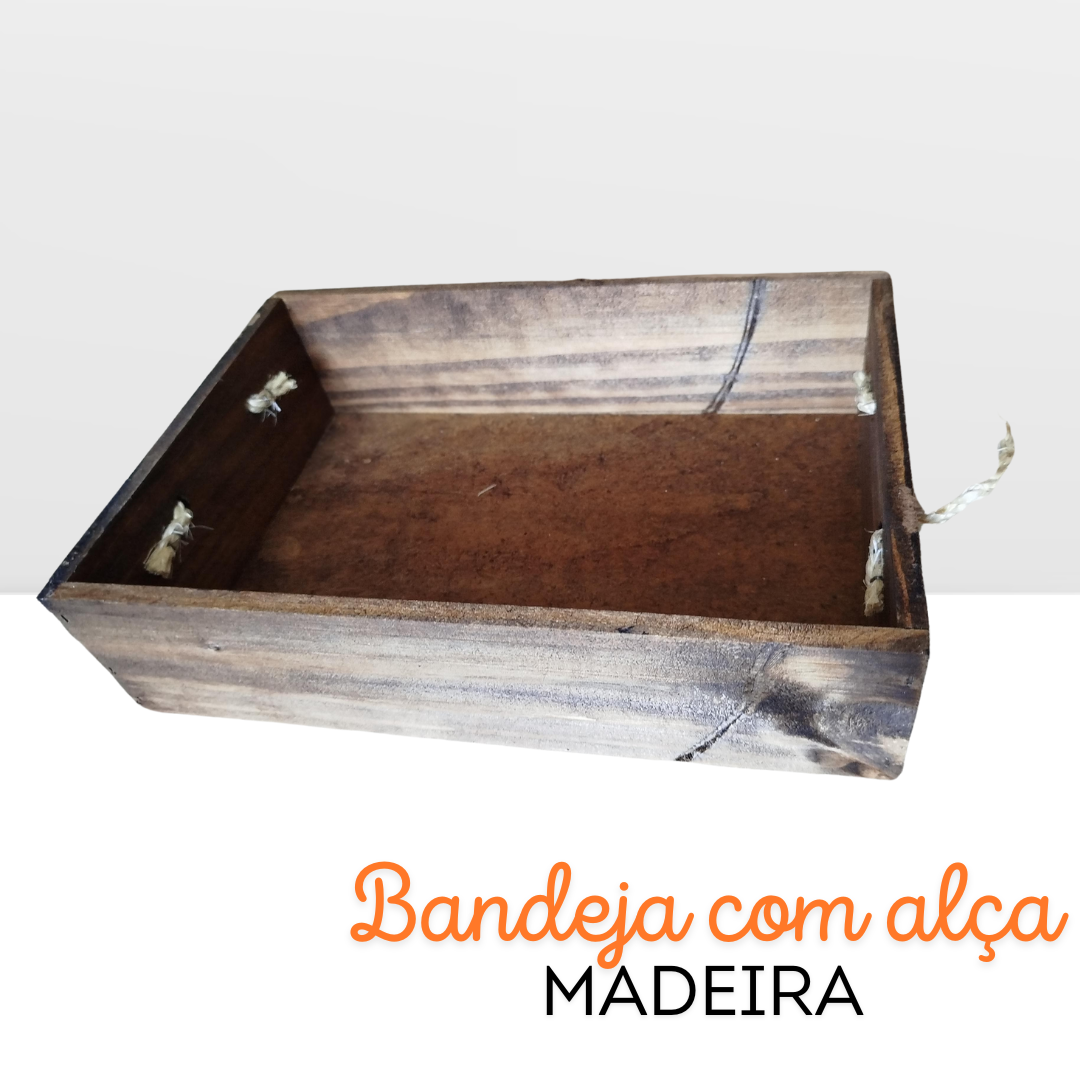 Bandeja de madeira com alça sisal