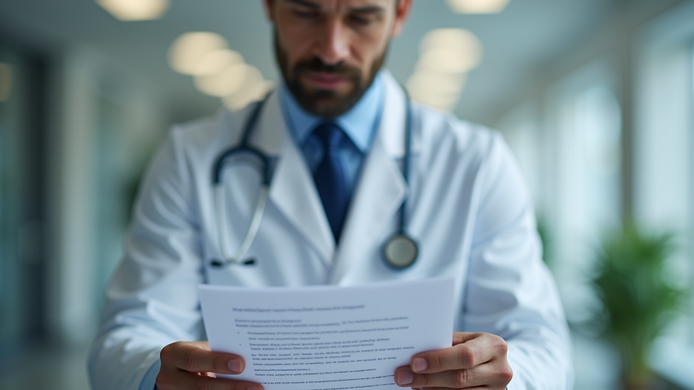 Eye-level view of a healthcare professional reviewing compliance documents