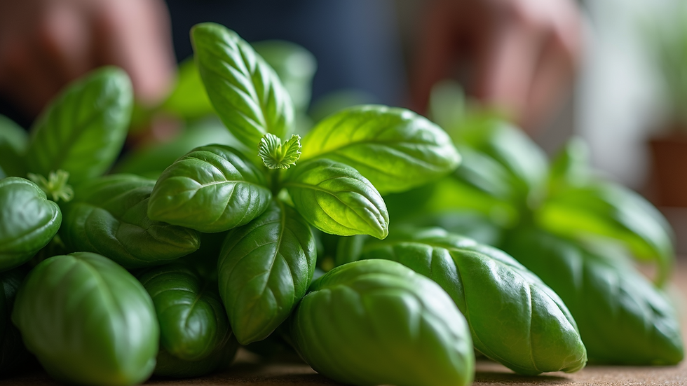 Close-up view of fresh basil leaves in a kitchen setting