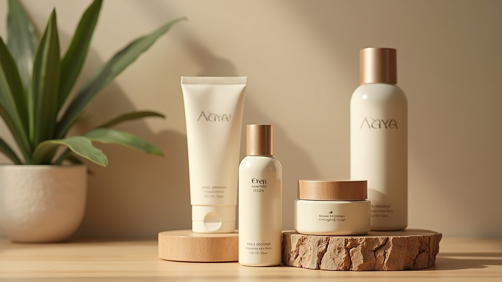 Eye-level view of Azaya organic skincare products arranged on wooden surface
