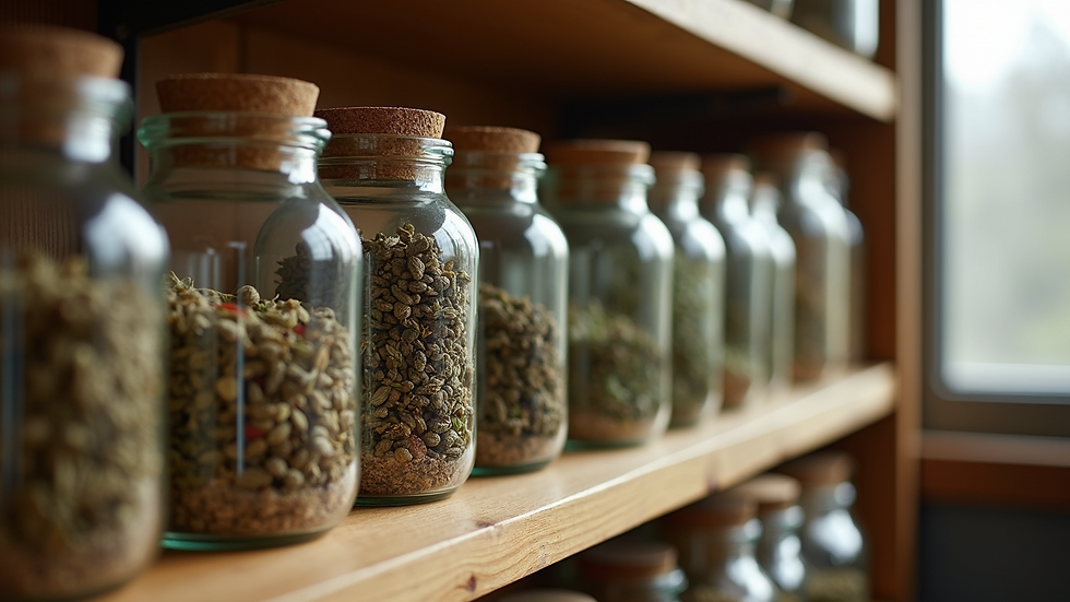 High angle view of dried herbs in glass jars on a wooden shelf